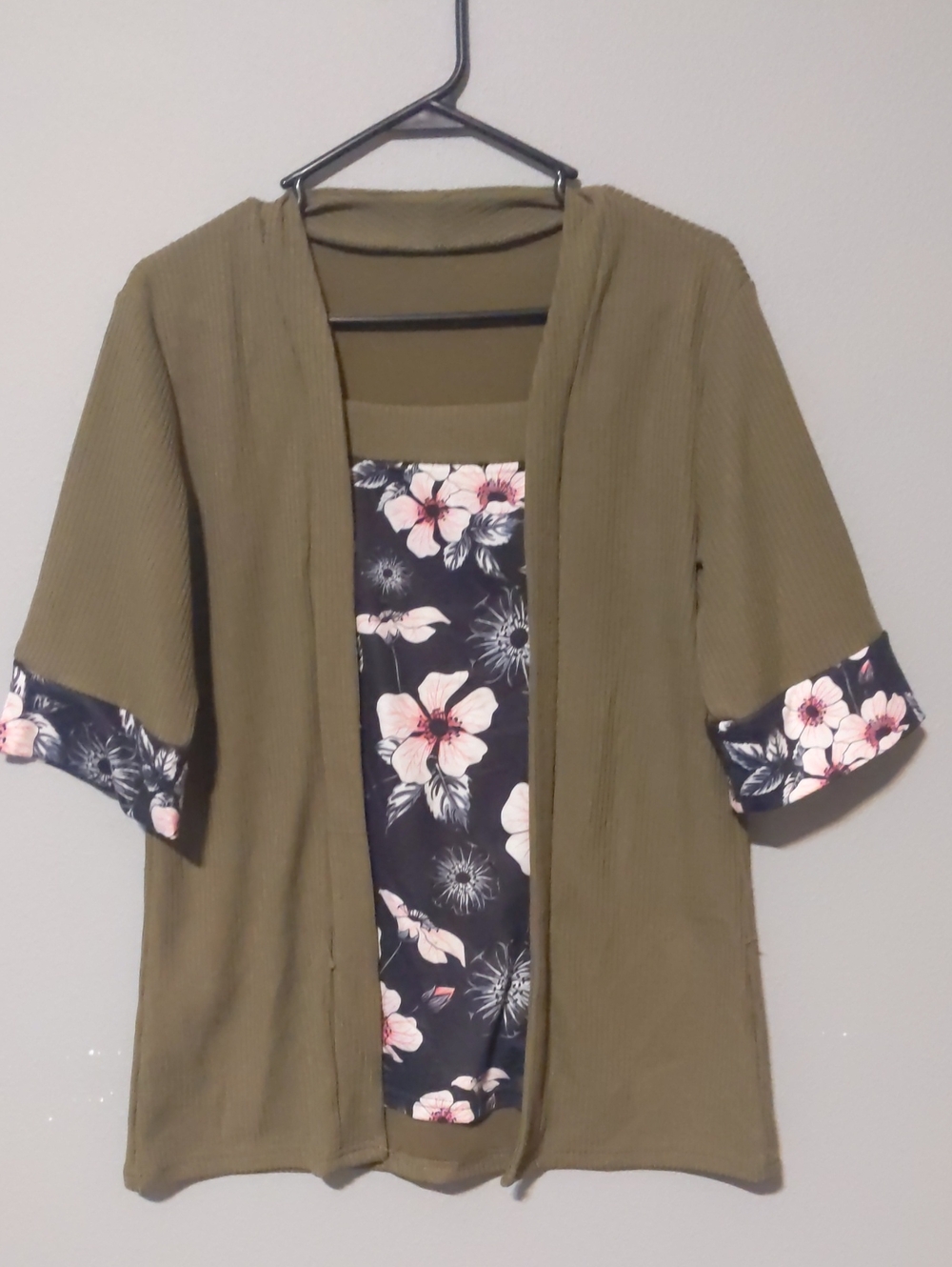 Olive Green Open-Front Cardigan with Floral Panel